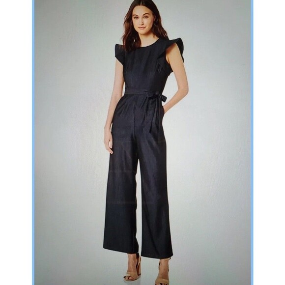 CALVIN KLEIN Ruffle Sleeve Jumpsuit Denim Short Sleeves Belted Wide Leg Sz 10 - Picture 1 of 15
